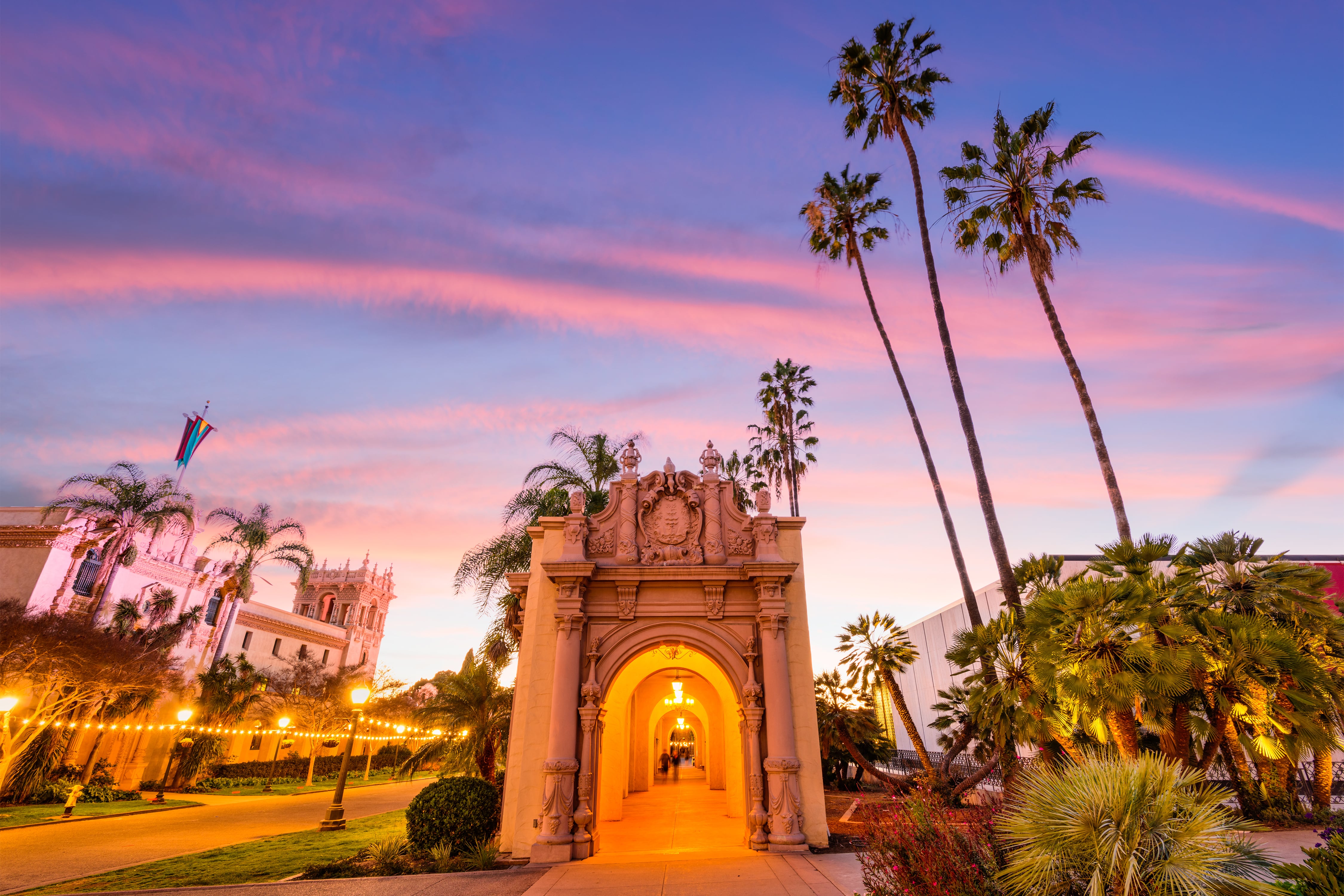 A sunset sky with palm trees and buildings near where Encore Realty provides property management in Chula Vista